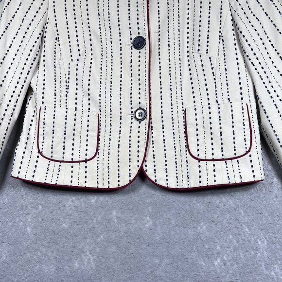 Talbots Blazer Womens Size 8 Blue Embroidered Stripes Red Trim Cotton Jacket - Picture 4 of 13